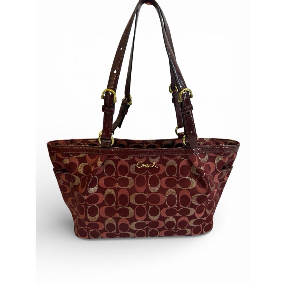 COACH BURGUNDY w/Gold & PoppyPinkJacquard Pattern